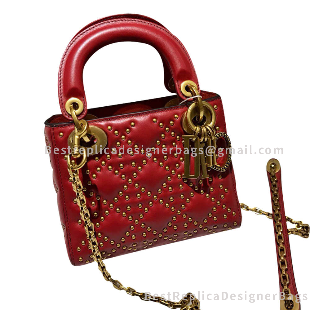 Dior Mini Lady Dior Lambskin Studded Bag Red GHW